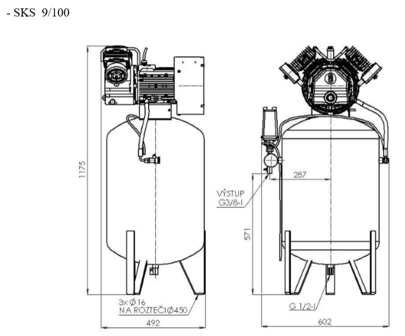 ORLÍK SKS 9-2/100 vertikální olejový kompresor 1,5kW, 150l/min., 10 bar, 230V