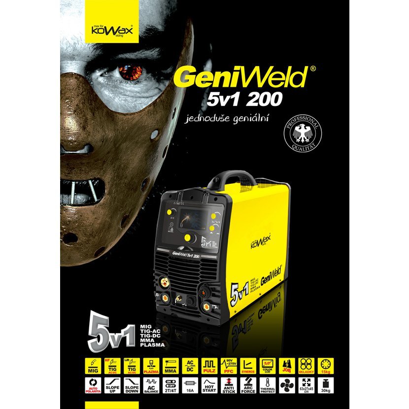 KOWAX GeniWeld 5v1 200 SET 2 Svařovací invertor MIG/PLASMA/ACTIG/DCTIG/MMA + 2x LAHEV CO2 /AR + VENTILY + KUKLA