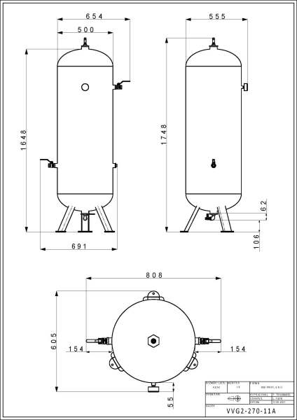 VVG2-270-11A galvanizovaný vzdušník stojatý 270 litrů - osazený armaturami