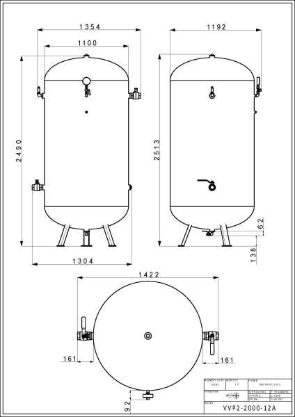 VVP2-2000-12A Vzdušník stojatý lakovaný 2000 litrů osazen armaturami