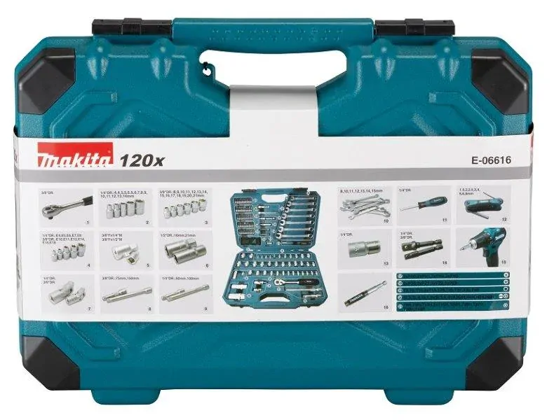 MAKITA E-06616 gola sada, sada bitů a nástrčkových klíčů s ráčnou v kufru - 120 ks