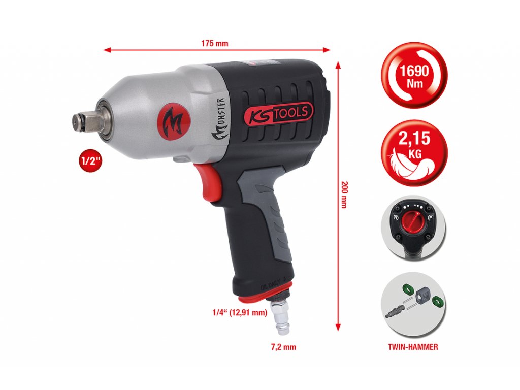KS Tools 515.1210 Monster Pneumatický rázový utahovák 1/2", 1690Nm