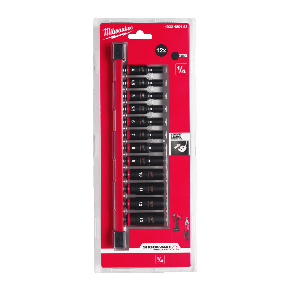 MILWAUKEE Sada průmyslových hlavic Shockwave 1/4" dlouhé ořechy 12ks - 4932480453