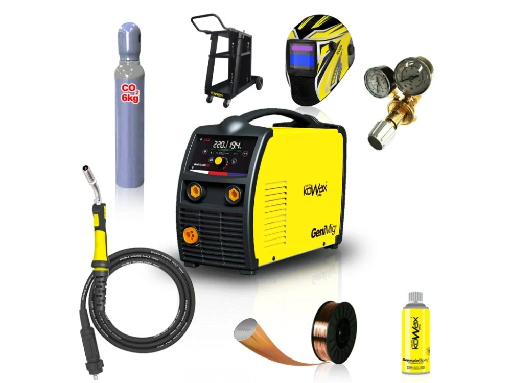 KOWAX GeniMig 220LCD, Svářecí invertor MIG/MAG/MMA SET4, hořák 4m 150A, kabely 3m, kukla + LAHEV CO2 + DRÁT + VENTIL + SPREJ