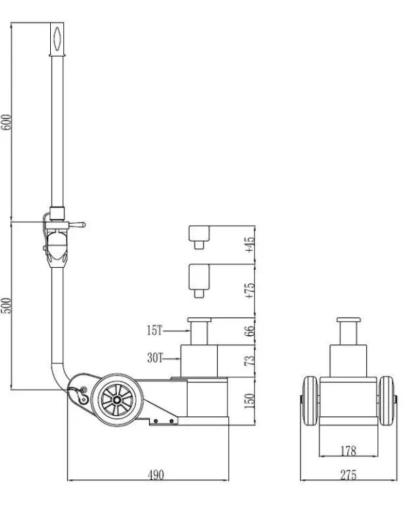 SNIT SP30-2 Zvedák pneumaticko-hydraulický, 30/15t, pojízdný, dvoupístový se skládací rukojetí