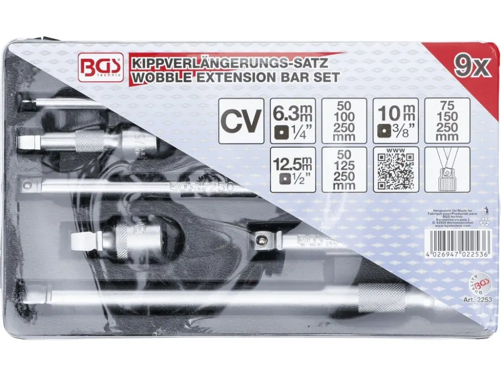 BGS 2253 Prodloužení výkyvná 1/4", 3/8" a 1/2", různé délky, sada 9 kusů