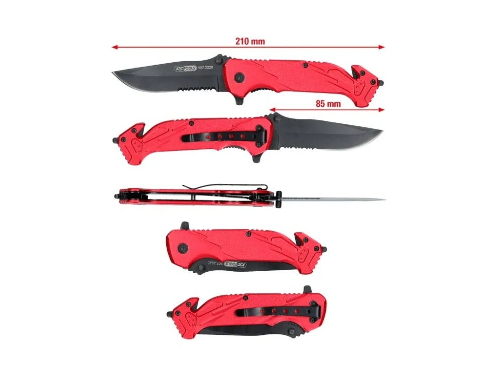 KS TOOLS 907.2220 Nůž taktický kapesní zavírací, řezač pásů a rozbíječ skla, délka 21 cm