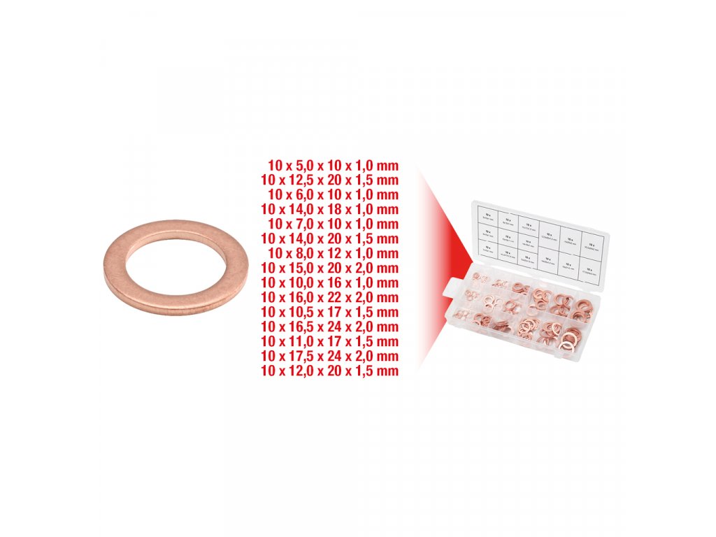 KS TOOLS 970.0040 Těsnicí kroužky měděné 5–17,5 mm DIN 93, sada 150 ks