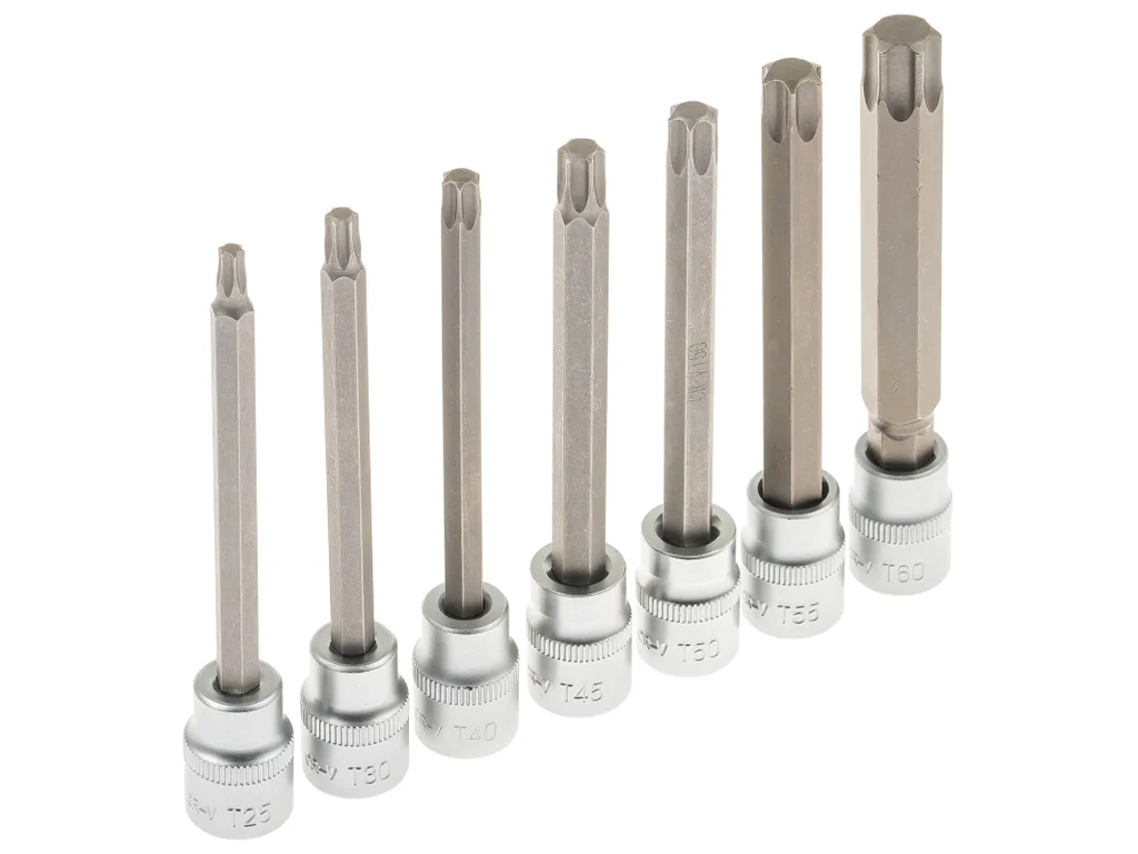 SATRA S-SLS738 Zástrčné hlavice TORX 3/8", rozměry T25 - T60, prodloužené 110 mm, sada 7 ks