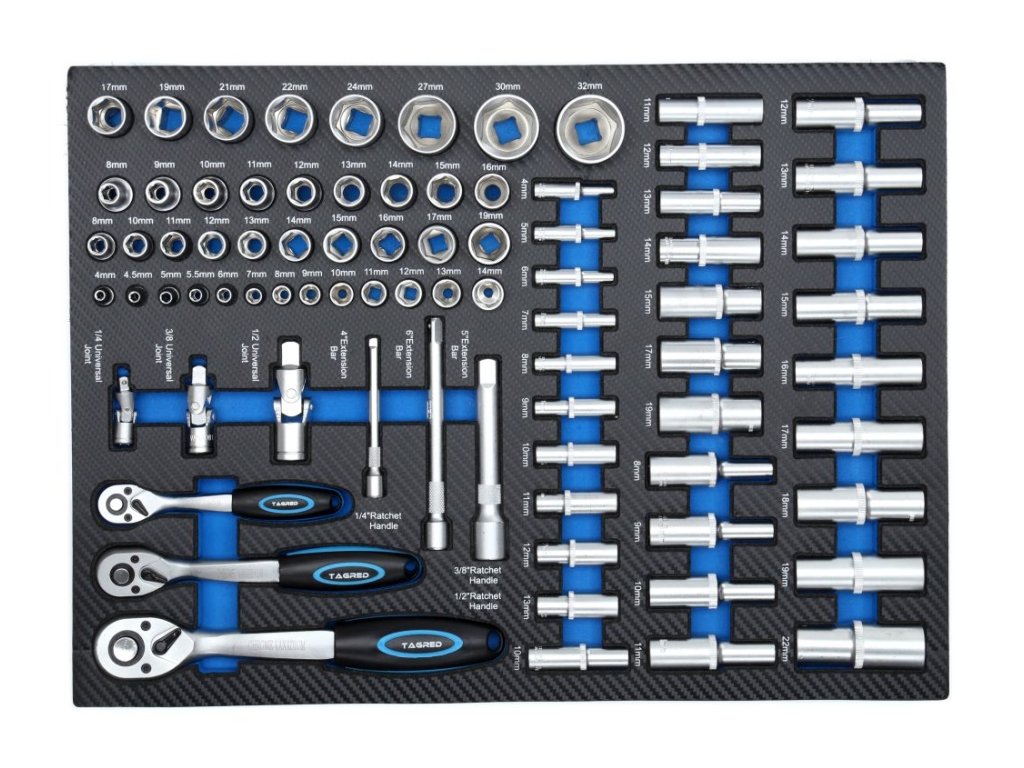 TAGRED TA212 Dílenský vozík vybavený, 243 ks nářadí, 7 zásuvek a skříňka