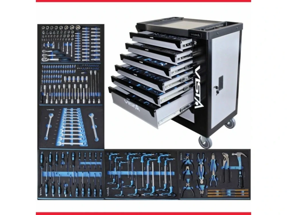 ASTA V-T250E Dílenský montážní vozík vybavený, 257 ks nářadí, 7 zásuvek a skříňka