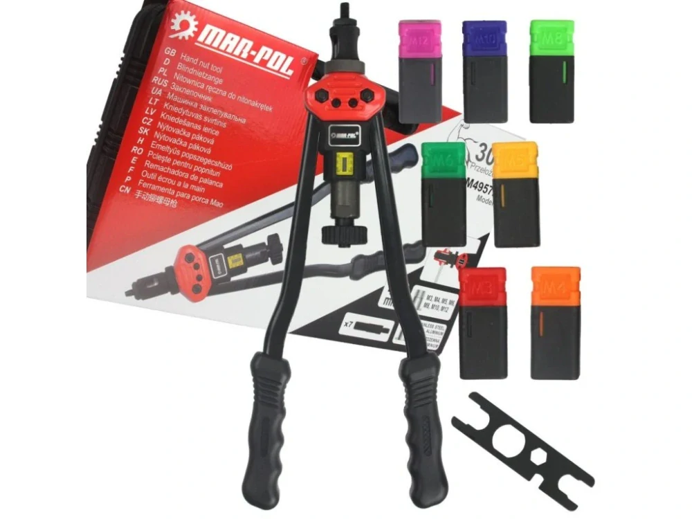 MAR-POL M49572 Nýtovací kleště, pákové, na maticové nýty, vyměnitelné hlavice M3-M12