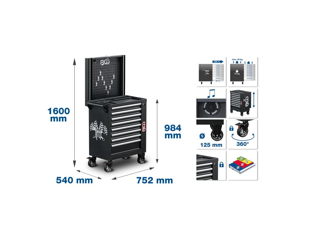 BGS 4108 Dílenský vozík nevybavený, 8 zásuvek, s výsuvnou stěnou a Bluetooth reproduktorem