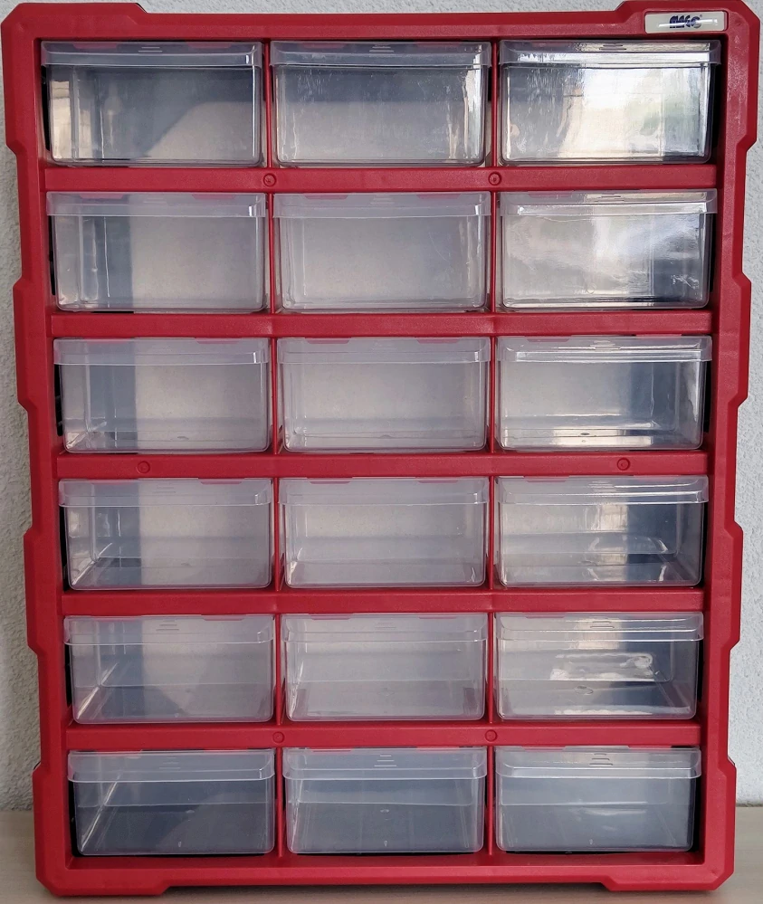 MAGG 120299 Skříňka plastová na šroubky, organizér 18 šuplíků, 470x380x160 mm