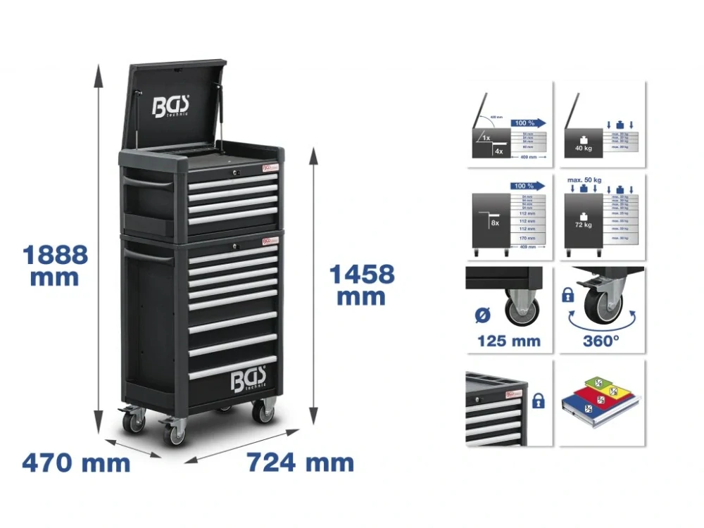 BGS 4088 Dílenský montážní vozík Profi Standard MAXI. 12 zásuvek s vybavením 263 dílů
