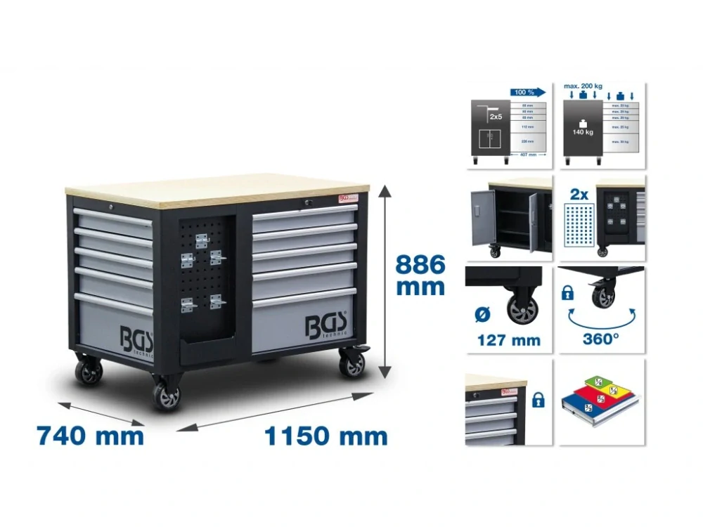BGS 4199 Dílenský vozík BGS Technic, 2×5 zásuvek, 1 skříňka, 1150x866 mm prázdný