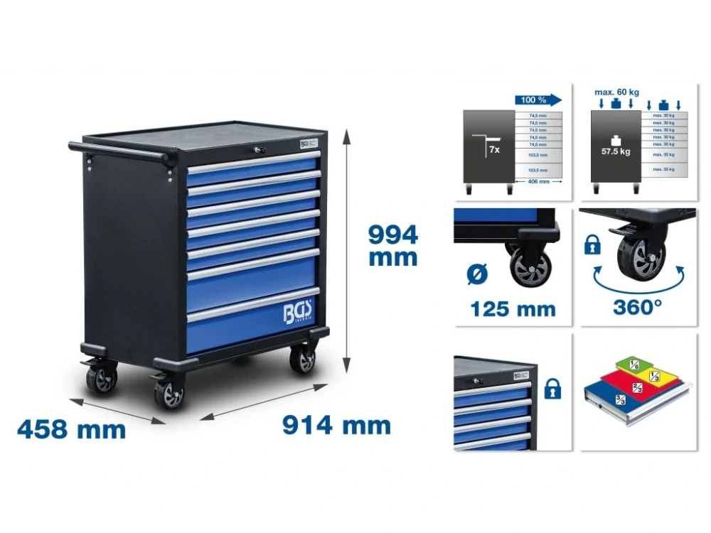 BGS 4205 Dílenský vozík XL, pojízdný, 7 zásuvek, prázdný