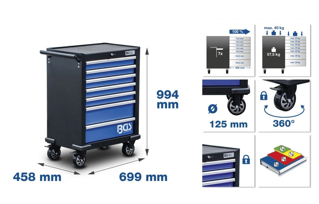 BGS 4207 Dílenský vozík, pojízdný, 7 zásuvek. Vybavený 263 ks nářadí