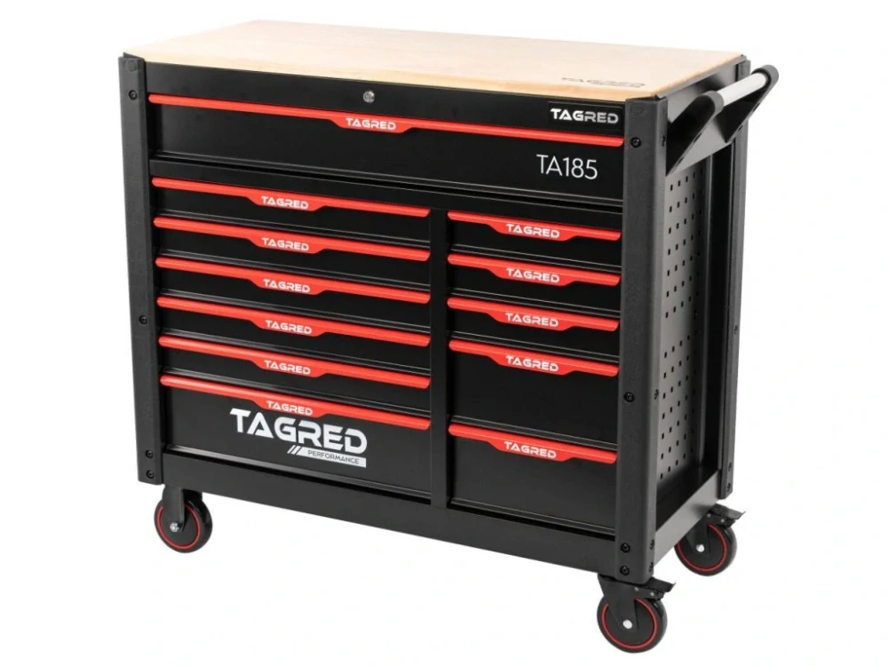 TAGRED TA185 Dílenský vozík, vybavený, dřevěná deska, 12 zásuvek, sada nářadí 479 ks