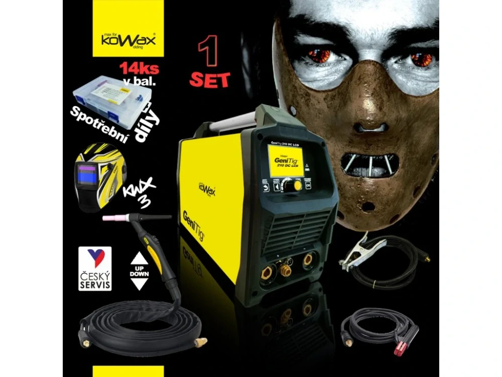 KOWAX GeniTig 210DC LCD SET1 Svařovací invertor DC PULZ, HF, TIG/MMA, kabely, hořák premium + samostmívací kukla