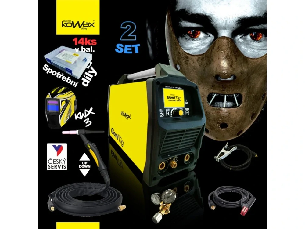 KOWAX GeniTig 210DC LCD SET2 Svařovací invertor DC PULZ, HF, TIG/MMA, kabely, hořák premium + samostmívací kukla + ventil