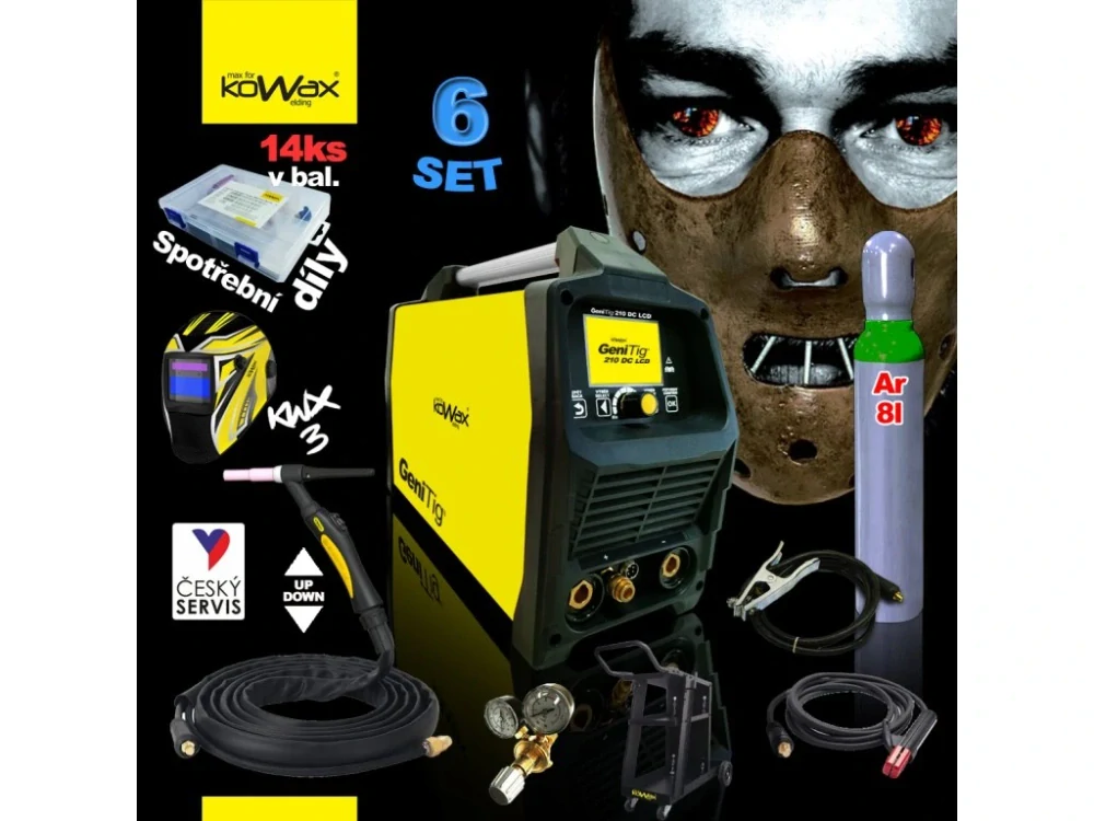 KOWAX GeniTig 210DC LCD SET 6B Svařovací invertor DC PULZ, HF, TIG/MMA + Lahev 8l Argon + hořák + vozík + samostmívací kukla + ventil