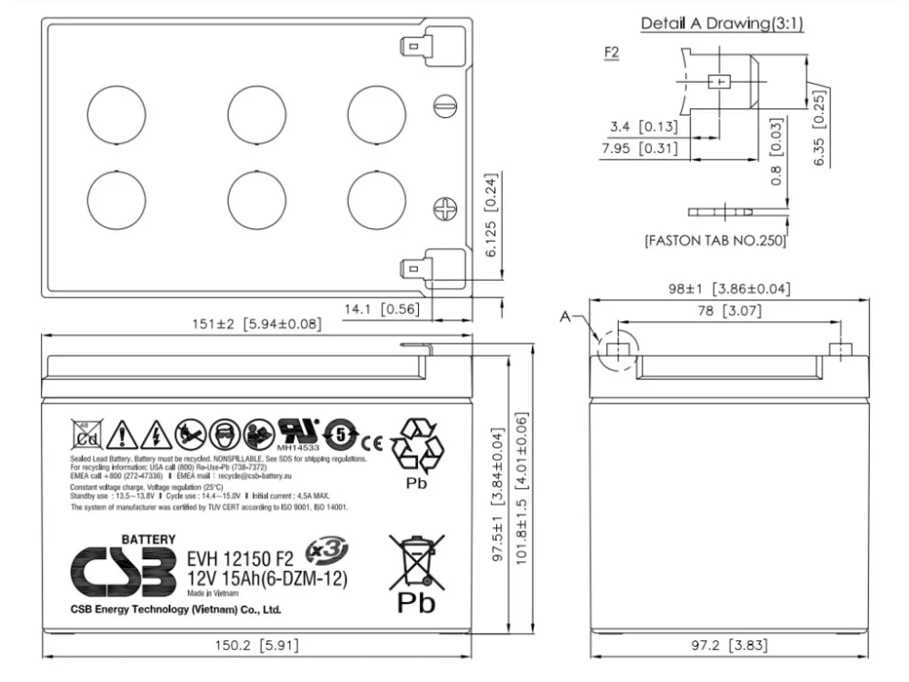 CSB EVH12150 F2 záložní akumulátor 12V/15Ah