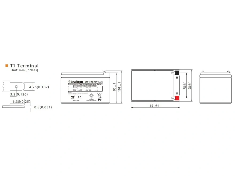 Leaftron LTC12-13 T2 (12V/13Ah) záložní, bezúdržbový, akumulátor