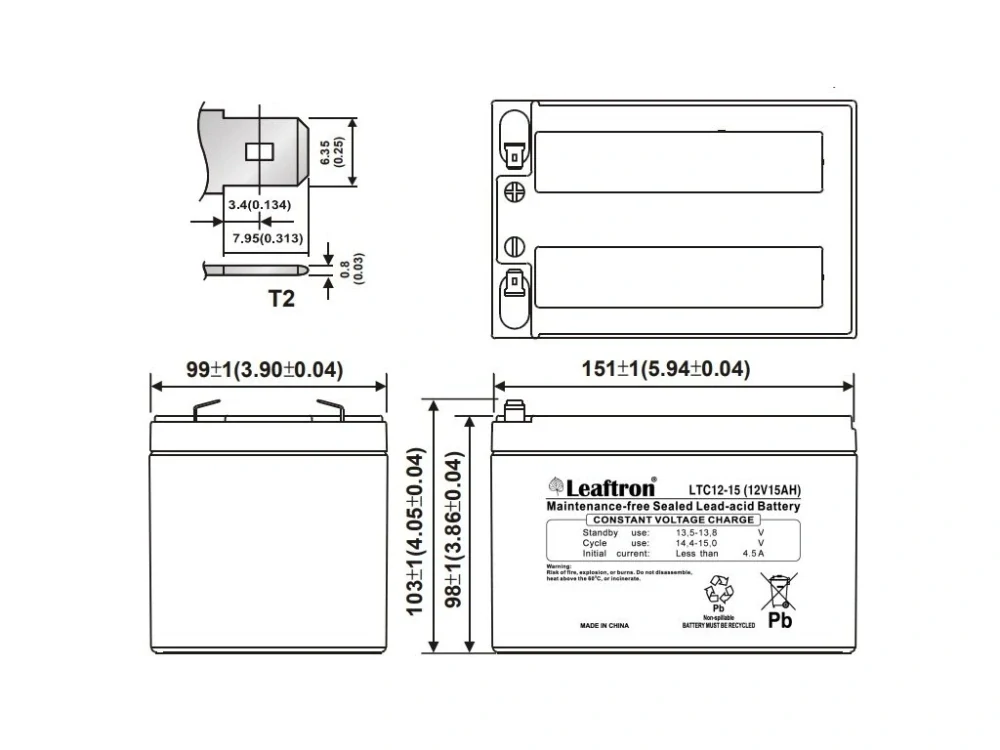 Leaftron LTC12-15 T2 (12V/15Ah) záložní, bezúdržbový, akumulátor