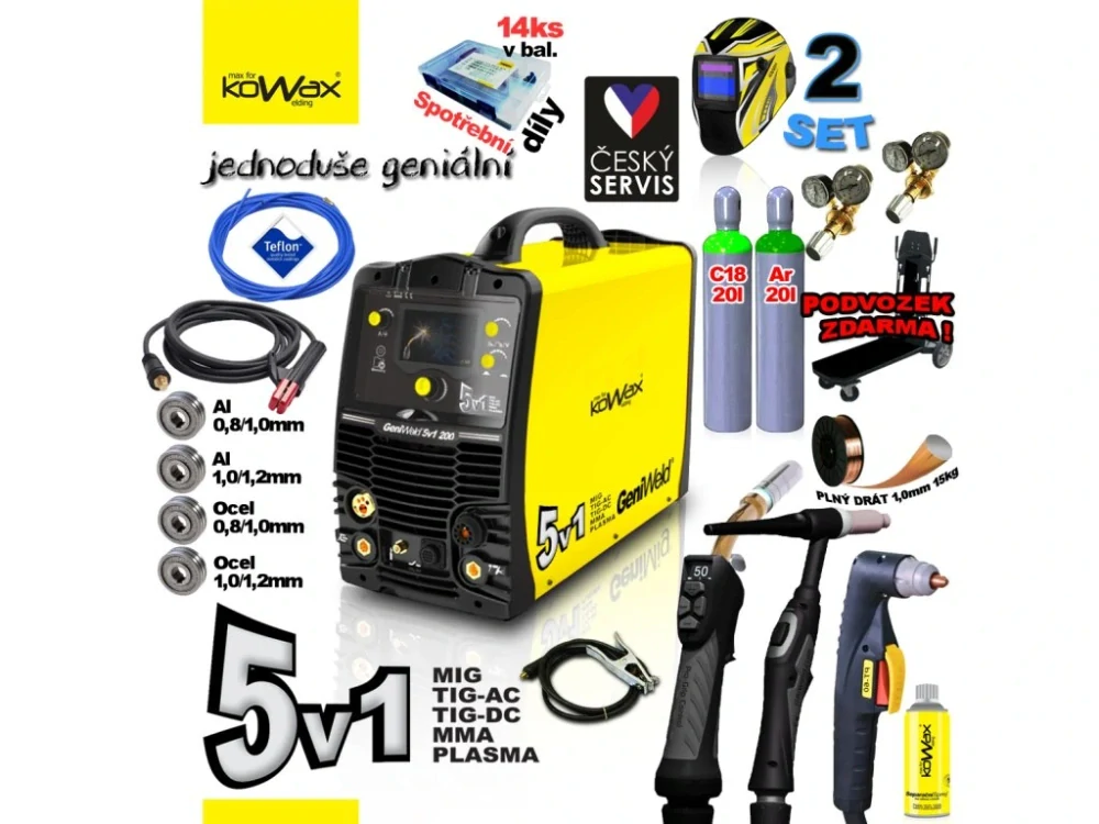 KOWAX GeniWeld 5v1 200 SET 3 Svařovací invertor MIG/PLASMA/ACTIG/DCTIG/MMA + 2x LAHEV SMĚS 20l / AR 20l + VENTILY + KUKLA