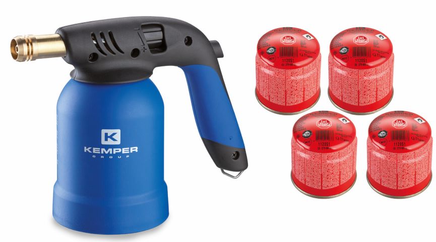 KEMPER Opalovací hořák piezo + 4x STOPGAS plynová kartuše 360 ml (190 g) - KGKE2019SETS