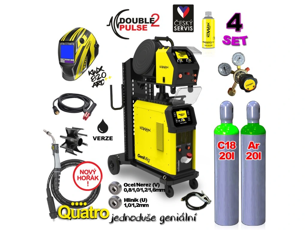 KOWAX GeniMig 500DP LCD5 SET 4Q Svářecí invertor MIG/MAG/LiftTIG + KUKLA + 2x LAHEV AR+CO2 + VENTIL + SPREJ