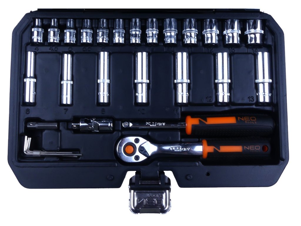 NEO tools 10-006 Gola sada 1/4", nástrčné a zástrčné hlavice, prodloužení, ráčna, 53 ks