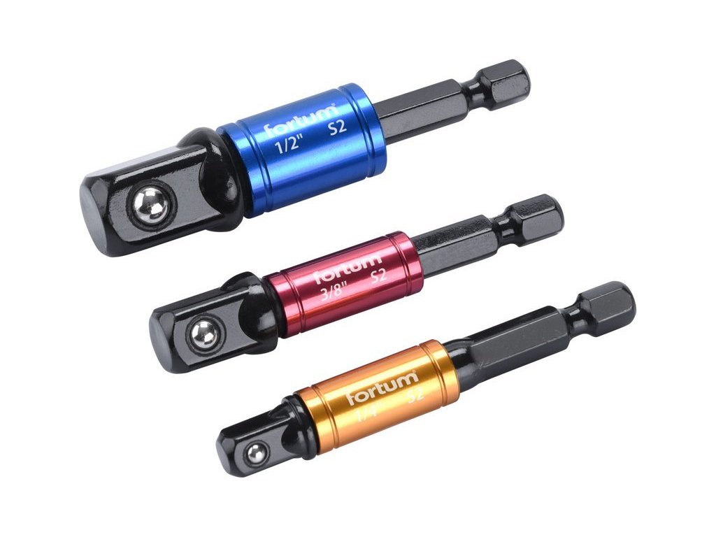 FORTUM 4742203 Adaptéry na gola hlavice do vrtačky, 1/4" - 3/8" - 1/2", s otočným úchytem, 3 ks
