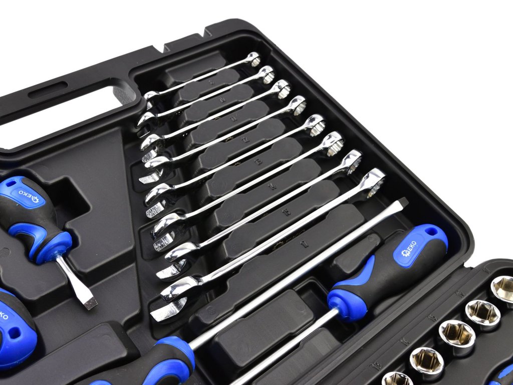 GEKO G10108 Kufr s nářadím - gola sada 3/8", kladivo, klíče, šroubováky a bity, 73 dílů