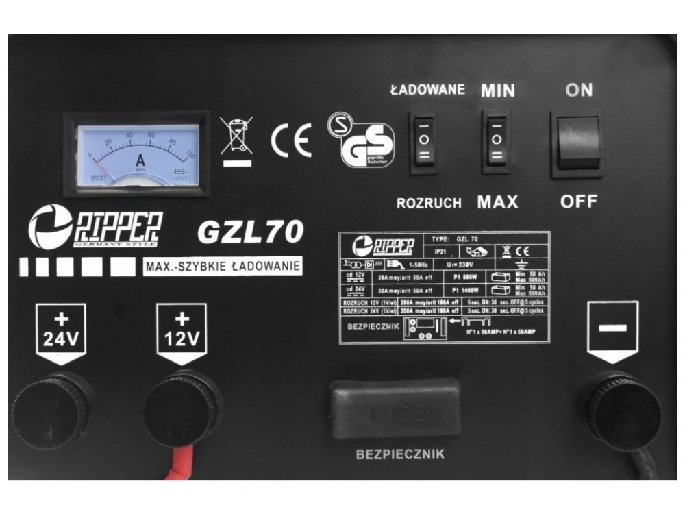 RIPPER GZL-70 Nabíječka autobaterií 12/24V, 45-500 Ah, funkce START s dálkovým ovladačem
