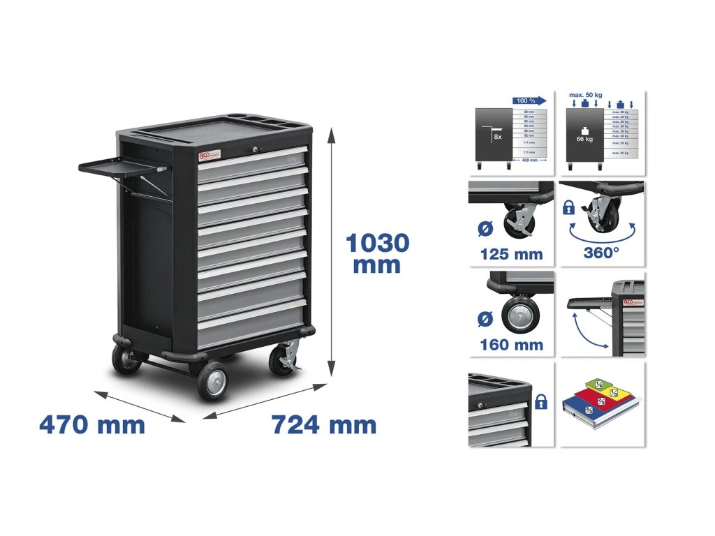 BGS 4050 Dílenský vozík vybavený, 296 ks nářadí, 8 zásuvek
