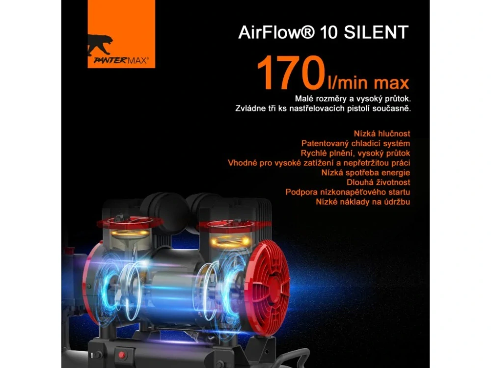 PANTERMAX®AirFlow® 10 SILENT SET 1 tichý bezolejový kompresor + 5-dílná sada příslušenství