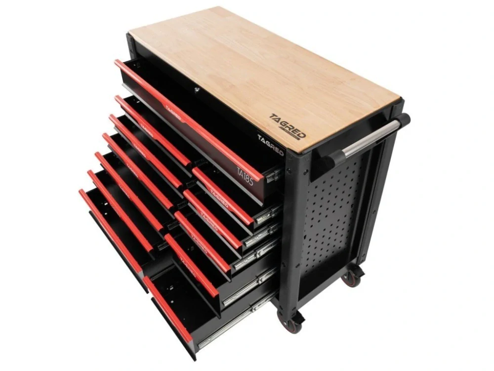 TAGRED TA185 Dílenský vozík, vybavený, dřevěná deska, 12 zásuvek, sada nářadí 479 ks