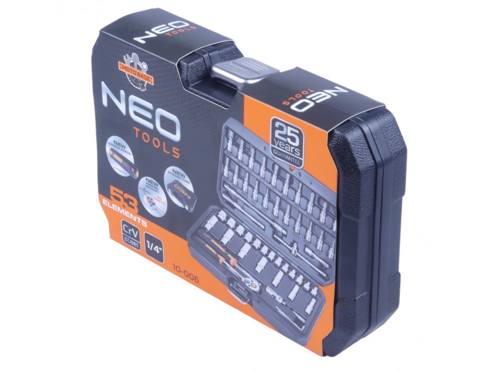 NEO tools 10-006 Gola sada 1/4", nástrčné a zástrčné hlavice, prodloužení, ráčna, 53 ks