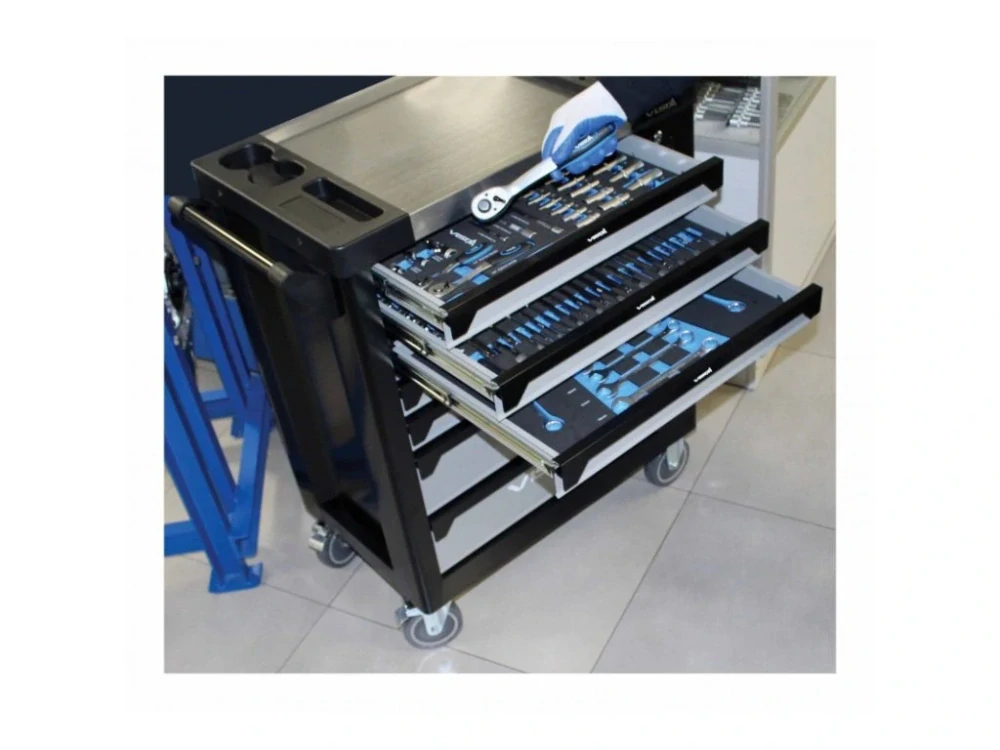 ASTA V-T250E Dílenský montážní vozík vybavený, 257 ks nářadí, 7 zásuvek a skříňka