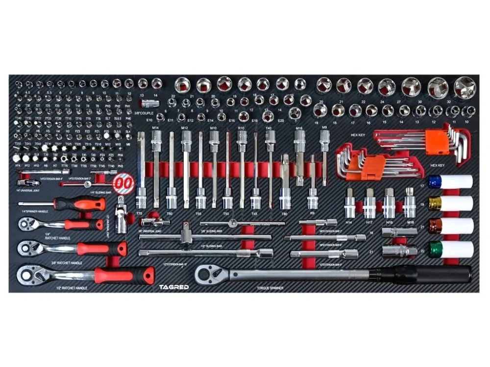 TAGRED TA196 Dílenský vozík, vybavený, dřevěná deska, 12 zásuvek, 541 ks nářadí