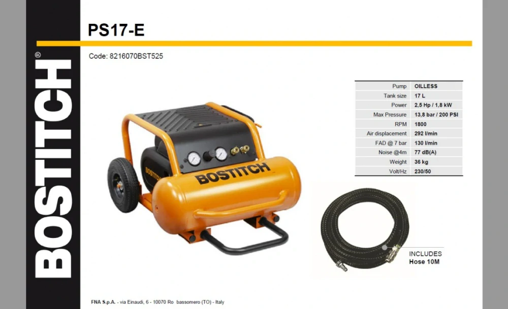 BOSTITCH PS17-E Kompresor bezolejový 230V / 1,8kW, 10bar, 17l