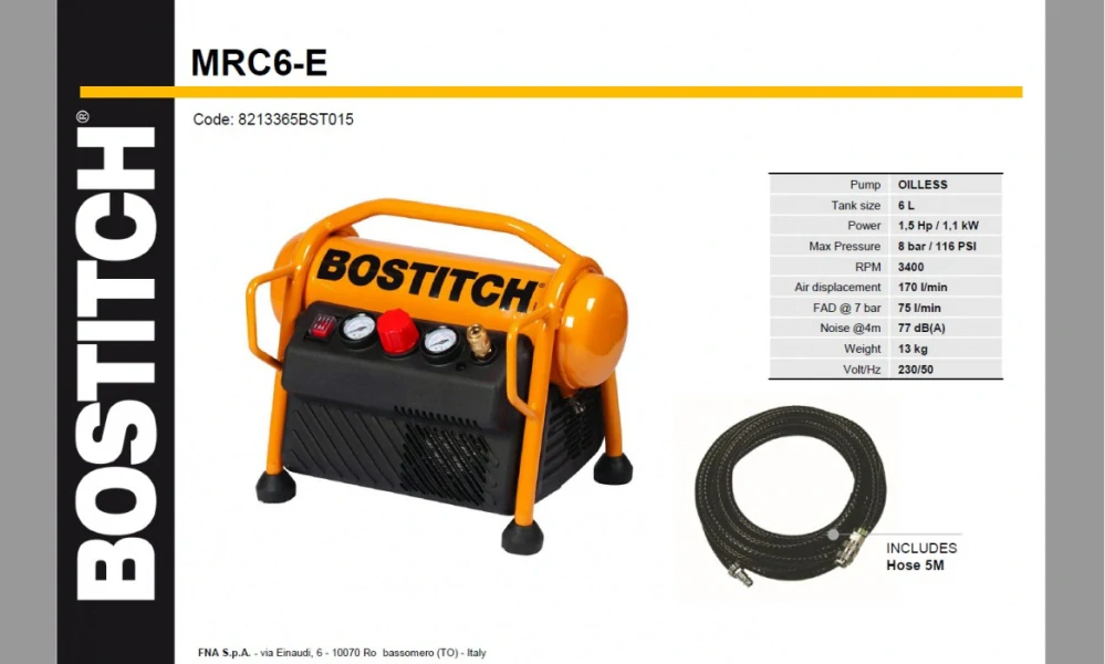 BOSTITCH MRC6-E Kompresor bezolejový 1,1kW, 8 bar, 6l