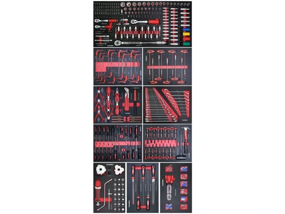 TAGRED TA185 Dílenský vozík, vybavený, dřevěná deska, 12 zásuvek, sada nářadí 479 ks