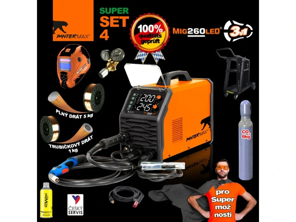 PANTERMAX MIG260LED SET 4 svářecí invertor MIG/MMA/TIG + LAHEV CO2 + VOZÍK + DRÁT + VENTIL + KUKLA