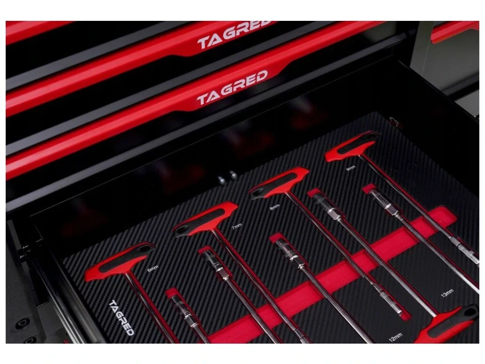 TAGRED TA185 Dílenský vozík, vybavený, dřevěná deska, 12 zásuvek, sada nářadí 479 ks