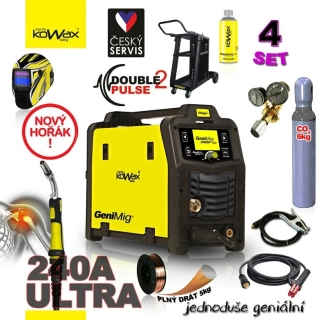 KOWAX GeniMig 240DP LCD Svařovací invertor MIG/MAG/LiftTIG/MMA SET 4 + SAMOSTMÍVACÍ KUKLA + LAHEV CO2 + VENTIL + VOZÍK
