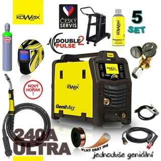 KOWAX GeniMig 240DP LCD Svařovací invertor MIG/MAG/LiftTIG/MMA SET 5 + SAMOSTMÍVACÍ KUKLA + LAHEV AR/CO2 20L + VENTIL + VOZÍK + DRÁT + SPREJ